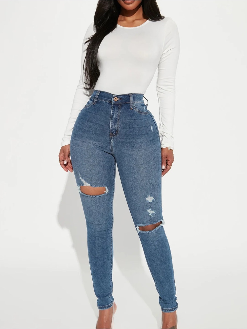Fashion Nova High-Rise Distressed Skinny Jeans - Blue